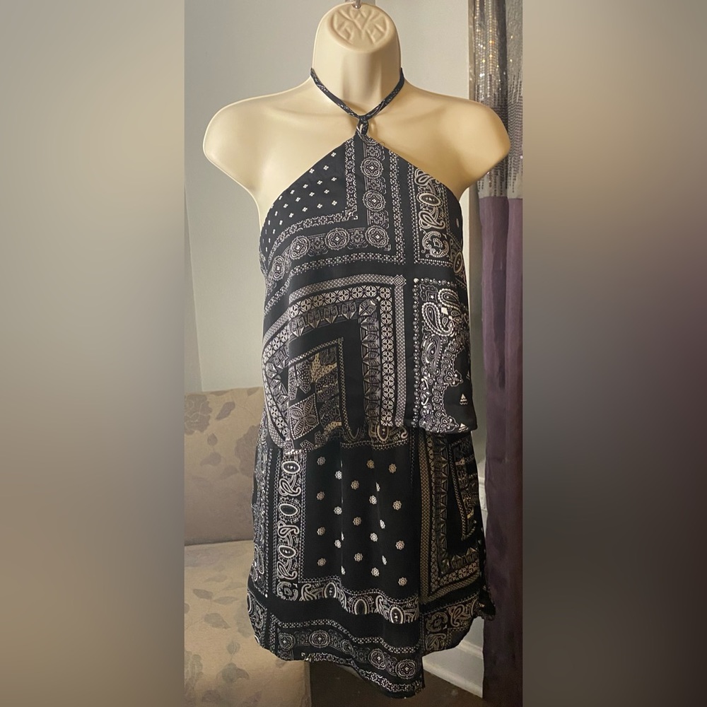 NWOT AKIRA Black and White Bandana Print Tiered Halter Dress S